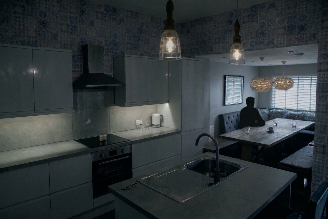 The house kitchen and dining room at night, pendant lights glowing over a long wooden table