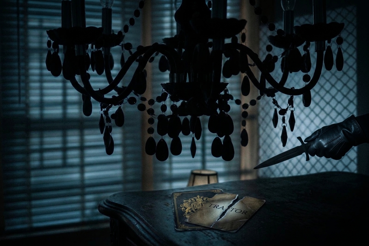 A gloved hand holding a dagger over a torn card reading TRAITOR, beneath a dark beaded chandelier