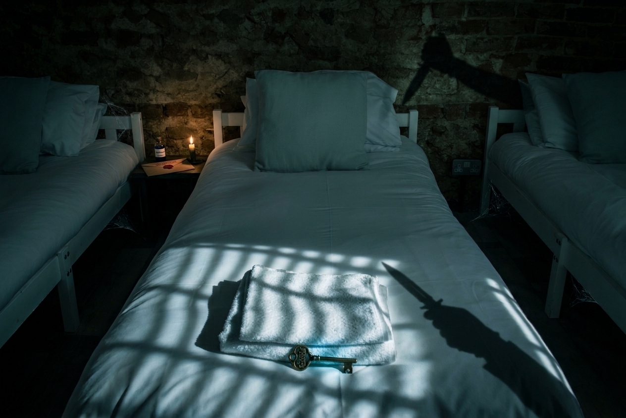 Three single beds against a brick wall, moonlight throwing the shadow of window bars and a raised blade across the middle bed